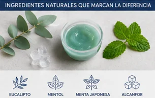 Ingredientes naturales de la crema para el dolor muscular: eucalipto, mentol, menta japonesa y alcanfor